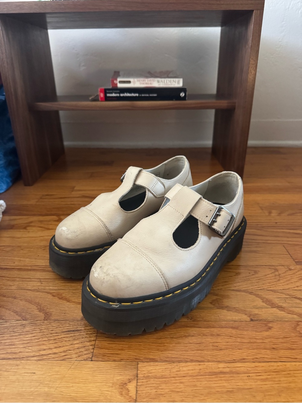 Dr. Martens Platform T-Strap Leather Mary Jane Shoes in Cream